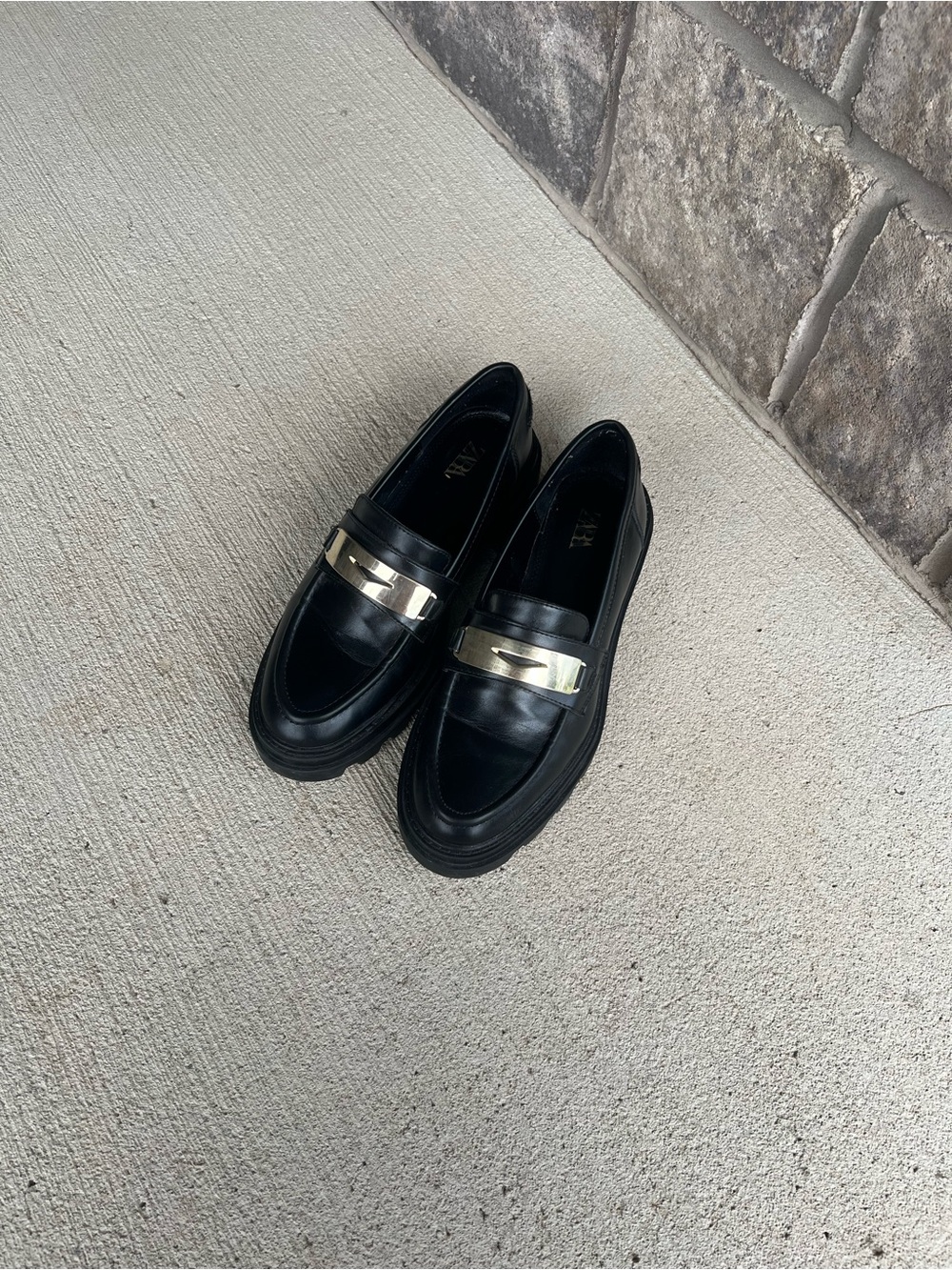 Zara Black Leather Loafers with Gold Bar Detail